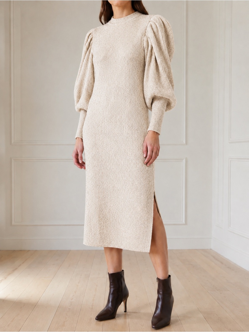 Ted Baker Mannia Sweater Dress Ted Sz 5 US 12 Cream Camel Wool Puff Sleeve Midi